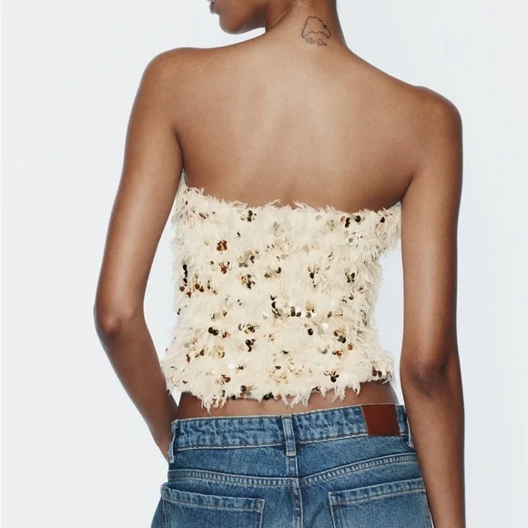ZARA Sequin Feather Crop Top - Picture 2 of 11